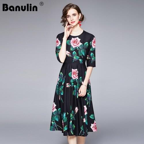 Banulin Summer Runway Party Dress Women O-Neck Half Sleeve Rose Flower Print Black Slim Vintage Ladies Midi Dresses N59137