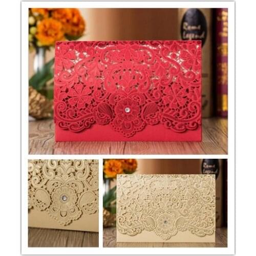 50SET/LOT Red Gold Color Laser Cut Invitation Card With Envelope Can Printing Inner Card