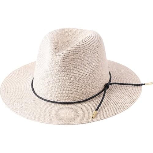 Simple men women summer sun hat outdoor sunscreen flat brim jazz top hat seaside big brim straw hat hemp leather rope Panama hat