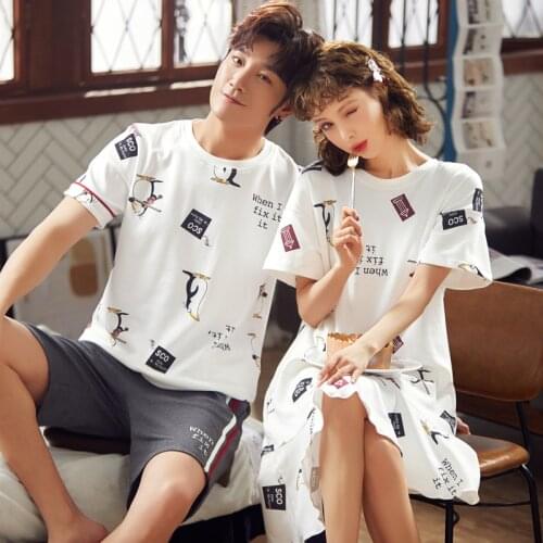 BZEL White Lovers' Clothes Cotton Sleepwear Set Short Sleeve Shorts Mens Nightgown Round Neck Ladies Nightdress Night Dress 3XL