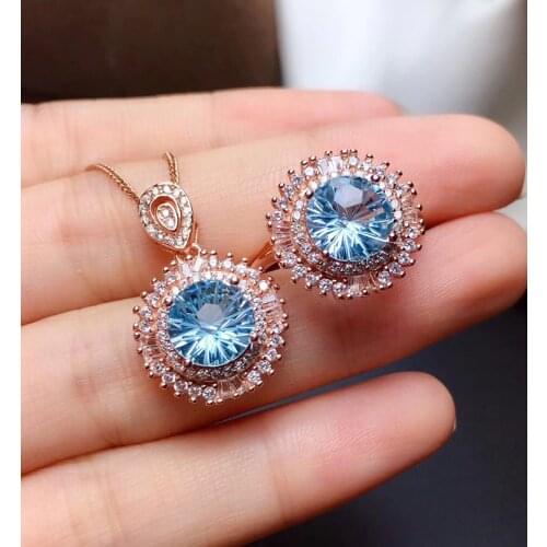 18K Rose Gold Lab Aquamarine Jewelry set 925 Sterling Silver Engagement Wedding Rings Necklace For Women Bridal Gift