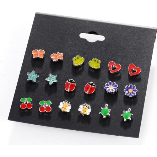 9 Pair/set Cute Heart Panda Bee Butterfly Flower Owl Stud Earrings For Unisex Fashion Earrings Jewelry Animal Plant Earrings