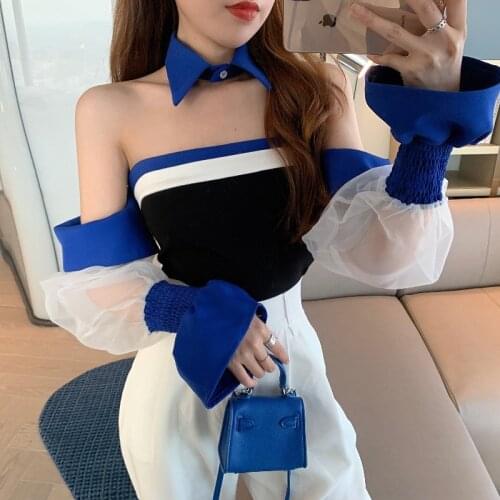 Chic Korean Women Clothes Sexy Off shoulder Strapless Organza Stitching Tube Top Shirt 2021 Summer Flare sleeve Womens Top