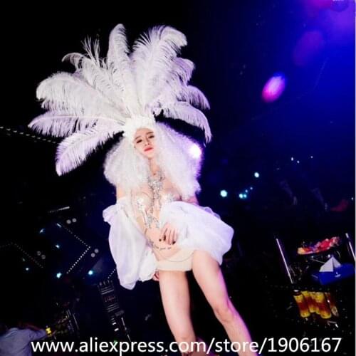 Sexy Lady Bikini DS Ballroom Costume With Feather Headwear Dance TV Stage Show Performance Clothes Party Evening Dress