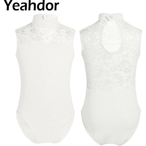 Kids Girls Sleeveless Turtle Neck Lace Back Ballet Dance Leotard Jumpsuit Performance Bailerina Gymnastics Leotard for Girls