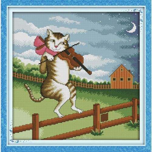 Everlasting Love The Cat Playing The Violin Chinese Cross Stitch Kits Ecological Cotton Stamped 11CT DIY New Year Decorations