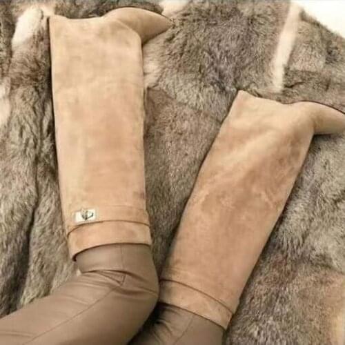 Moraima Snc Fashion Pointed Toe Knee High Boots Woman High Quality Suede Height Increasing Wedge Boots Runway Riding Boots