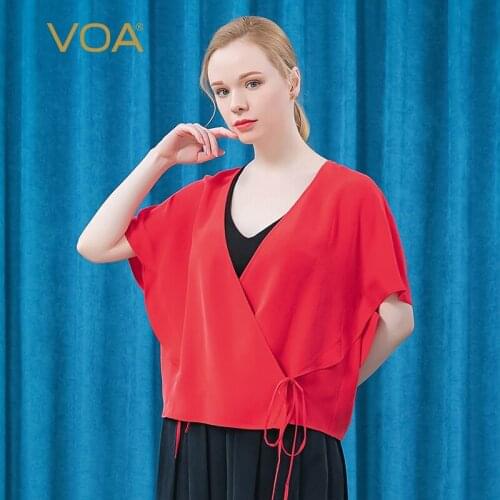 VOA Silk V-Neck Batwing Sleeve Loose Woman Tshirts BE583 Asymmetric Strap Placket Tree Color Fat-fixing Temperament Top Female