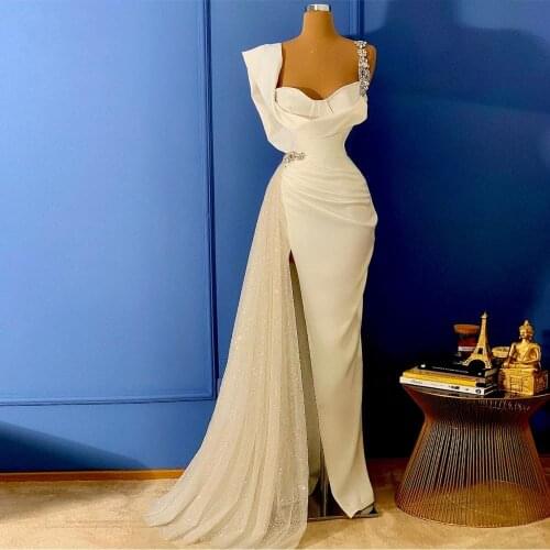 Elegant Split White Evening Dresses 2021 Long Mermaid Evening Gowns With Tulle Wrap Train Crystal Formal Dresses Real Image