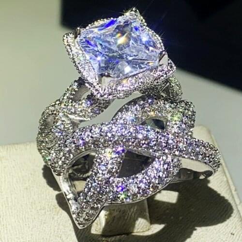 Hip Hop Vintage Jewelry Popular 925 Sterling Silver Cross Ring Princess Cut White 5A Zircon Pave CZ Promise Women Wedding Ring
