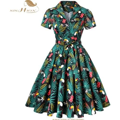 SISHION Parrot Palm Flower Print Vintage Dress 2021 Plus Size Floral Cotton Tunic Women Ladies Swing Rockabilly Dresses SD0002