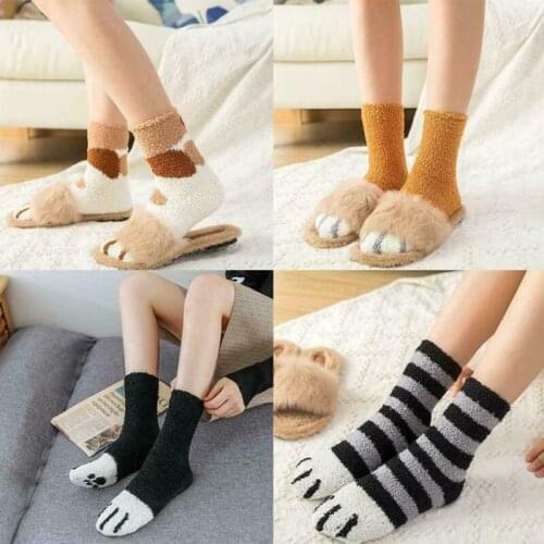 1 Pair of Plush Coral Fleece Socks Female Socks Autumn Winter Fuzzy Cat Claws Cute Thick Warm Sleeping Floor Sleep Socks Lady