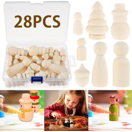 28pcs Wooden Blanks Mini Unpainted Shaped Peg Dolls Wood Decoration Figures DIY Natural Wooden Crafts Family Wooden Peg Dolls