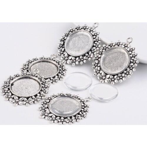 Diy accessories ancient silver pendant 25mm round glass patch time gem base jewelry making supplies earrings