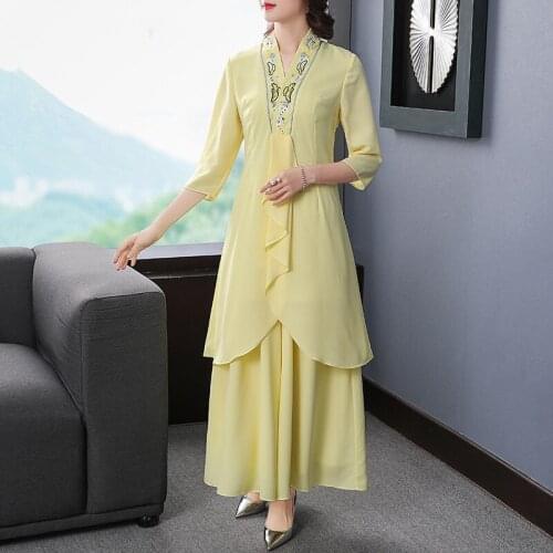 Chinese style improved cheongsam top suit wide leg pants Tang suit new Chinese Zen tea dress for women in 2021 spring