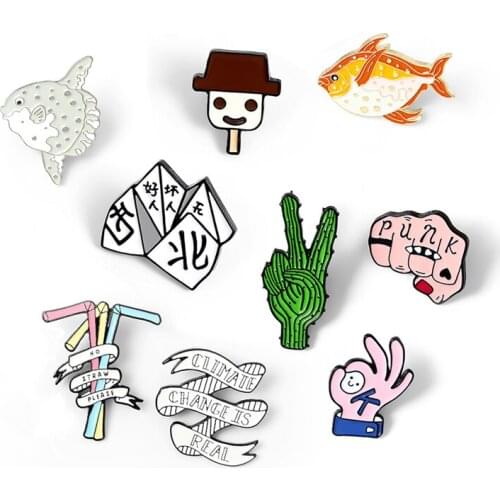 Childhood game Enamel Brooch OK cactus victory sign straw fish paper folding Ice cream Lapel Pin 80s 90s Collect jewelry badges