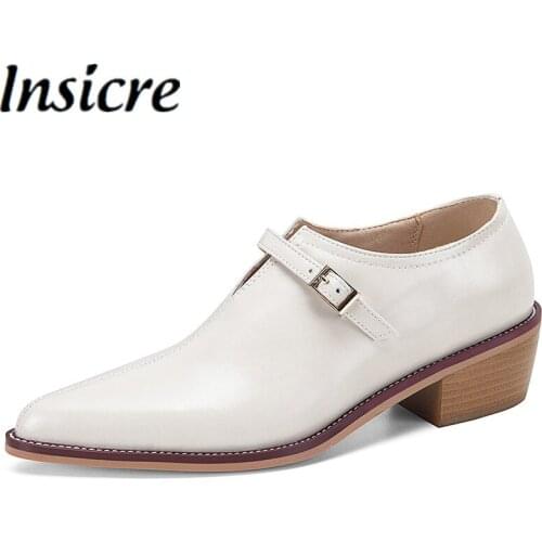 Insicre 2021 Autumn Classics Women Pumps Pointed Toe Patent Leather Buckle Beige Thick High Heel Shoes Size 40 Shallow