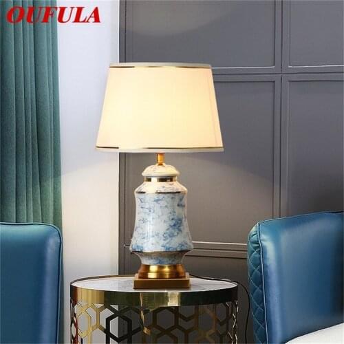 OUFULA Ceramic Table Lamps Blue Brass Desk Light Modern Luxury Fabric Decorative for Home Living Room Dining Room Bedroom