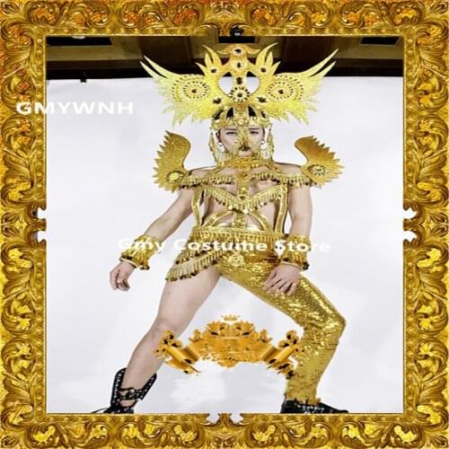CC11 Ballroom dance costumes dj gold mirror outfit men bodysuit performance models wears clothe cosplay dress headwear singer dj