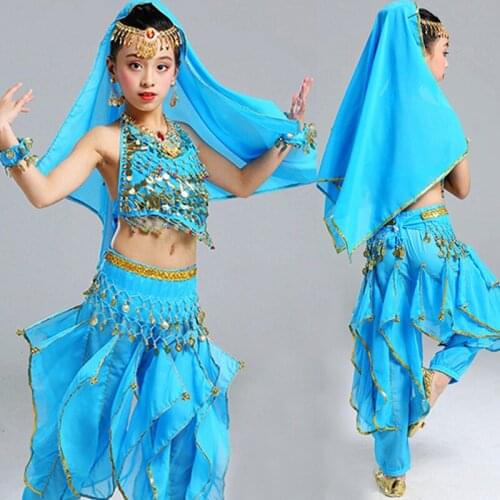 5pc/set Girl Belly Dance Costumes for Kid Dance Costumes Children Sleeveless Performance Kid Indian Stage Belly Dancing Costumes