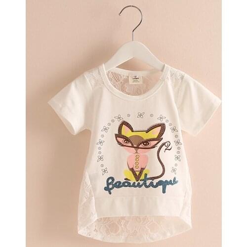2021 Summer 3-12 Years Birthday Lovely Funny Cartoon Cat Print Lace Embroidery Hollow Out Short Sleeve T Shirt Teenagers Girl