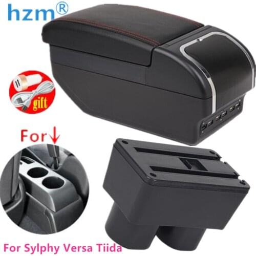 Armrest Box For Nissan Sylphy Versa Tiida Latio 2007-2017 Rotatable PU Leather Central Store Conten Box With Cup holder USB