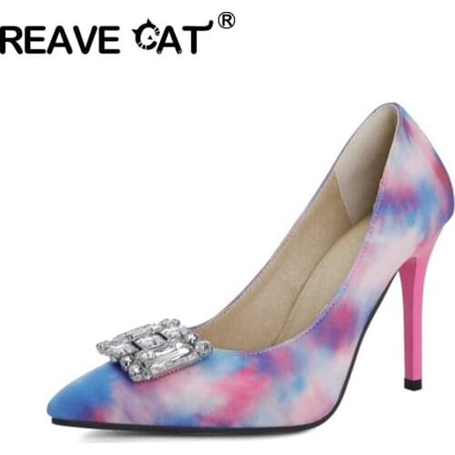 REAVE CAT 2021 Sexy Ladies Pumps Stretch Fabric Pointed Toe Rhinestone Slip On 10cm Stiletto Heel US16 17 Yellow Red Pink A4333