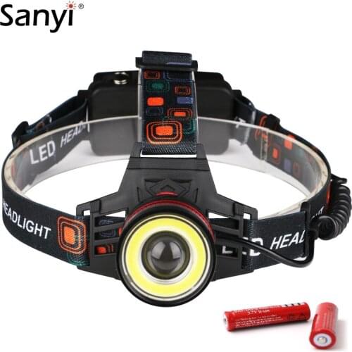 Sanyi 1*T6+1*COB LED Headlamp Headlight 4 Modes 18650 Flashlight Lantern Zoom Focus Frontal Head Torch For Night Fishing Camping