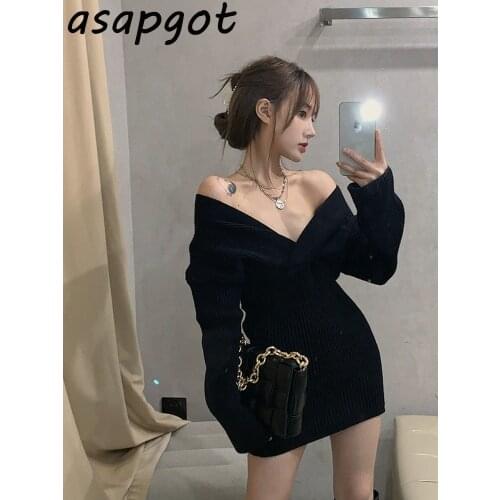 Slim V Neck Long Sleeve Wrap Hip Pullovers Knitted Dress Women Short Black Sweater Dress Autumn Winter Temperament Chic Korean