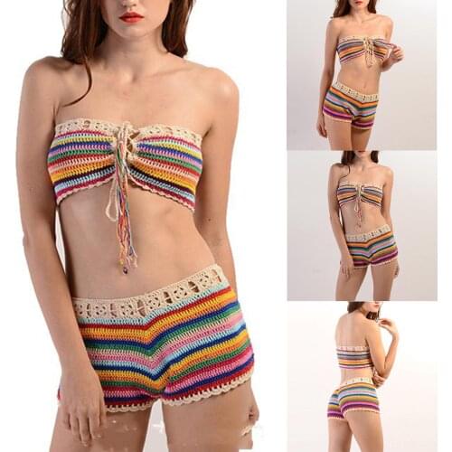 Knit Multi Color Bandeau Shorts Swimming Suit for Women Front Drawstring Design Summer Beach Clothing A66