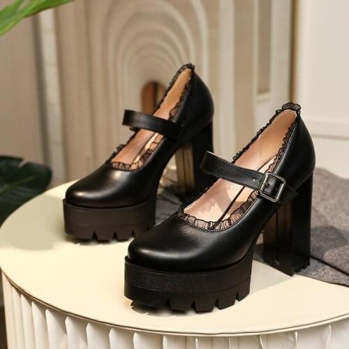 Lace-Trimmed Ultra-High Thick Heel Metal Buckle Pumps High Waterproof Platform Spring 2021 Sweet Ladies High Heels
