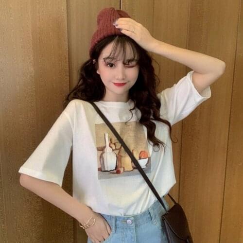 Female Korean Harajuku Casual Cartoon Print Loose T-shirt Womens T-shirts Tops Japanese Kawaii Ladies Ulzzang Clothes For Women
