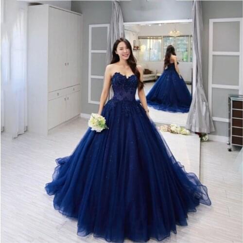 Vestido De Fiesta Vintage blue Lace Sleeveless Ball Gown Prom Dresses 2019 Applique Beading Sweetheart Custom Made Evening Dress