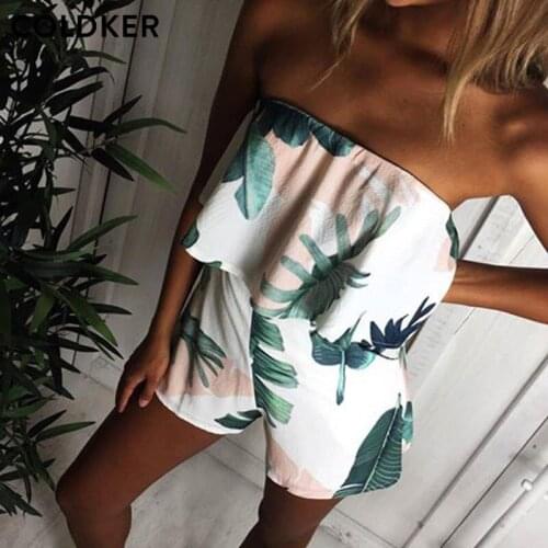 2018 Ruffles Slash Neck Beach Playsuits Summer Elastic Women Jumpsuits Girls Leaf Print Sexy Casual Playsuit Overalls Femininos