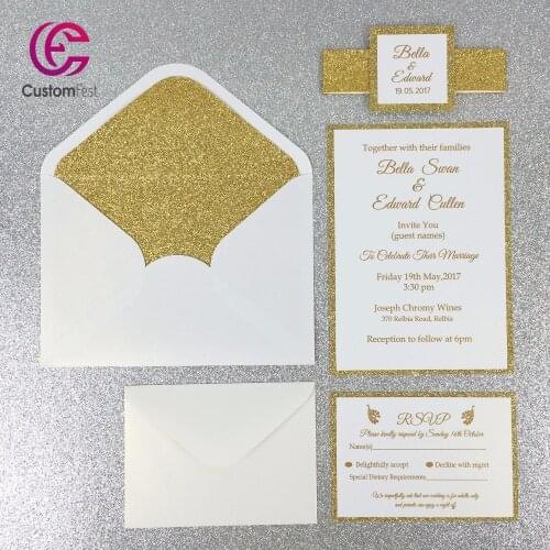 30pcs/lot Gold glitter liner envelop with glitter two layers invitation and RSVP ( including belly band and tag) GDD005V102