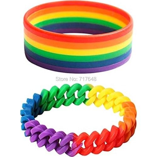 300pcs Layer striped Gay Pride Rainbow Chain Link wristband silicone bracelets free shipping by FEDEX A
