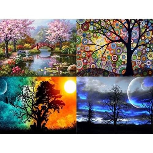 5D DIY diamante pintura árboles paisaje hogar redondo mosaico de diamantes de imitación punto de cruz decoración del hogar
