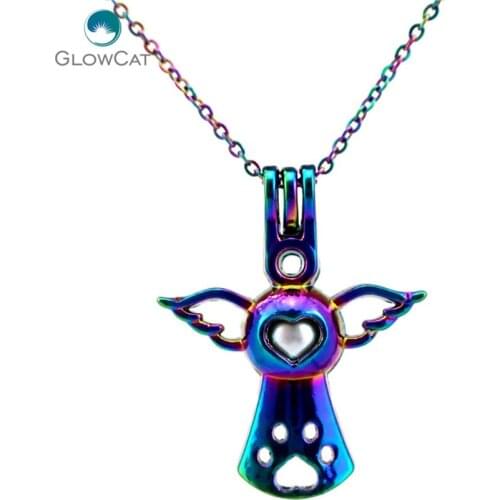 C659 Rainbow Color 34mm Angel Wing bead cage Necklace Pendant Aroma Essential Oil Diffuser Locket Necklace