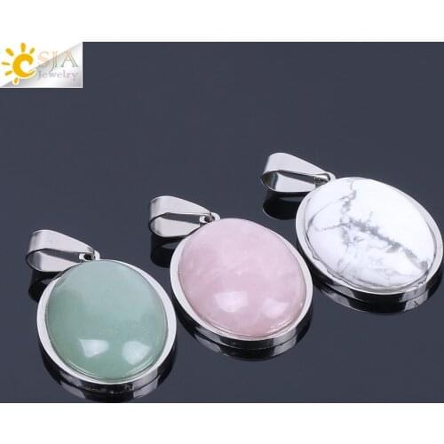 CSJA Natural Gem Stone Beads Egg Shape Necklaces Pendants Pink Quartz Green Aventurine Lapis Lazuli Tiger Eye Reiki Jewelry F133