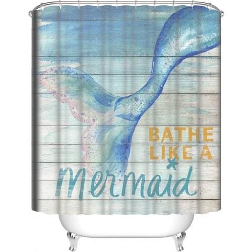 Mermaid Wooden Board Shower Curtain Vintage Ocean Bathroom Sets Decor for Beach Letters Rustic Curtain for Bathtub Shower Stall