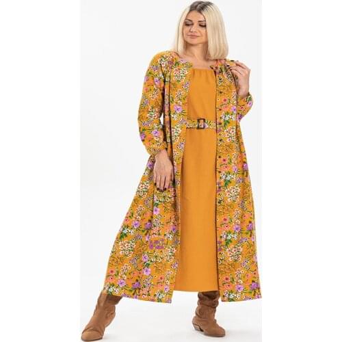 Floral Pattern Flannel Fabric Belt Long Winter Shirt Dress New Muslim Fashion Islamic Clothing Dubai Turkey 3 Color Options