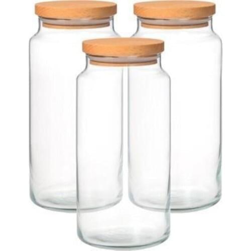 Iliva 3'lü Glass Jar Storage Container Set With Bamboo Lid and Vacuum 1300 ml