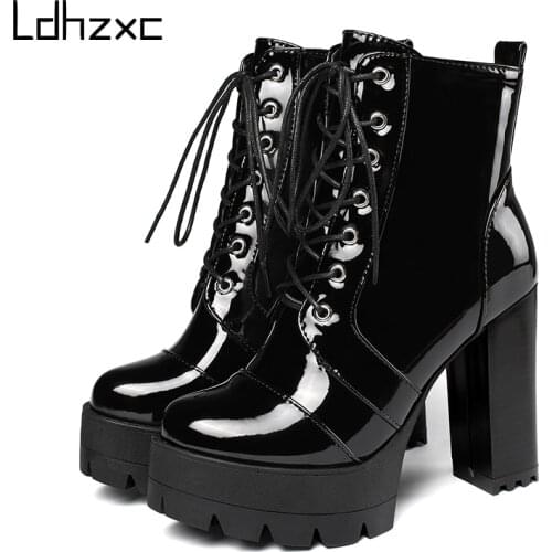 LDHZXC 2020 Thick High Heeled Female Patent Leather Ankle Boots women Round Toe Lace-up Short Boots Gothic Women Shoes
