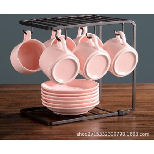 Coffee Mug Metal Organizer Shelf Cup Holder with 6 Hooks Mug Cup Coaster Saucer Display Rack Storage Rack for Kitchen Bar