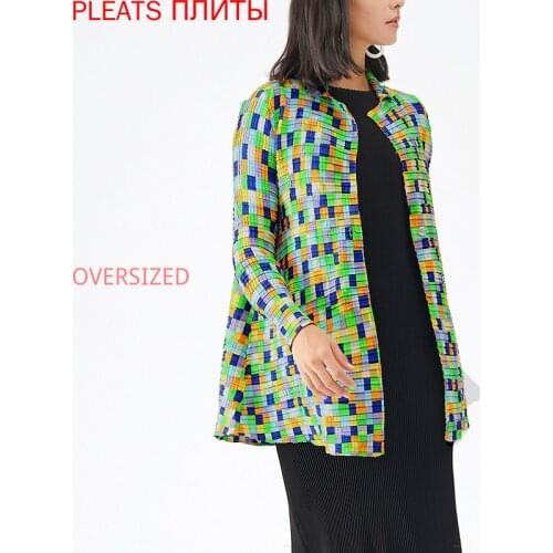 Fashion Plaid Printing Color Slim Middle Long Coat Windbreaker MIYAKE Pleats Trench Coat Abrigo Mujer