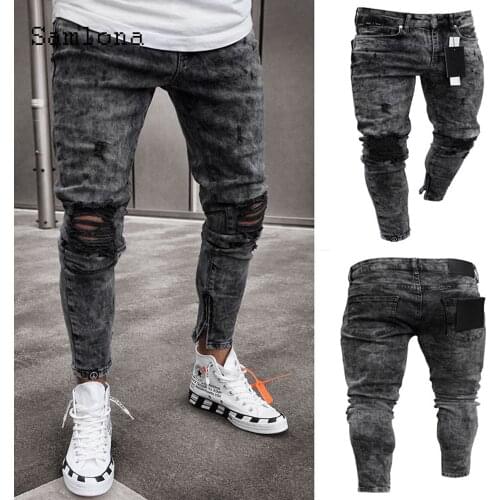 Samlona 2021 European and American style Mens Fashion Jeans Casual skinny Straight Hole Ripped Bottom Hip Hop Denim pants