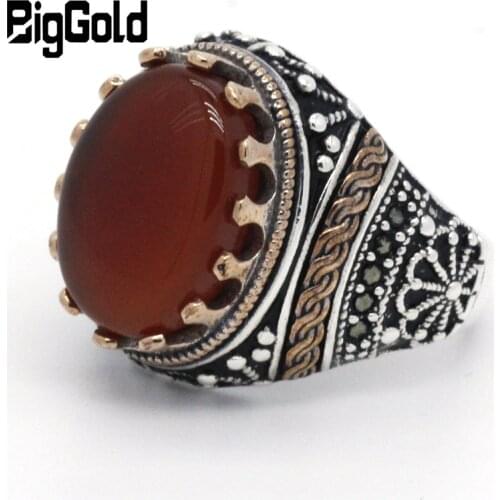 New Arrival 925 Sterling Silver Men Stone Ring Red Onyx Original Vintage Craved Rings for Men Women Turkish Retro Jewelry