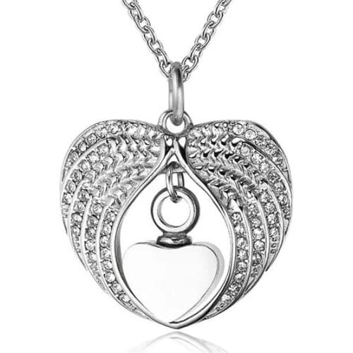 Stainless Steel Mini Heart Urn Charm With Angel Wing Memorial Necklace Zircon Ash Casket Cremation Pendant Jewelry