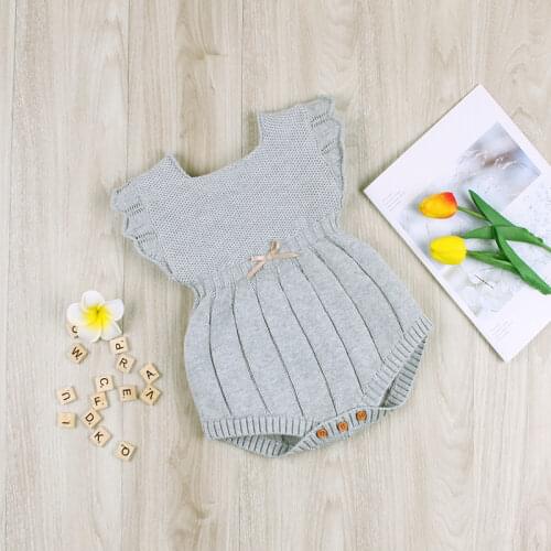 0-24M Autumn Infant Baby Girls Flare Sleeve Knitted Solid Print Rompers Kids Jumpsuit
