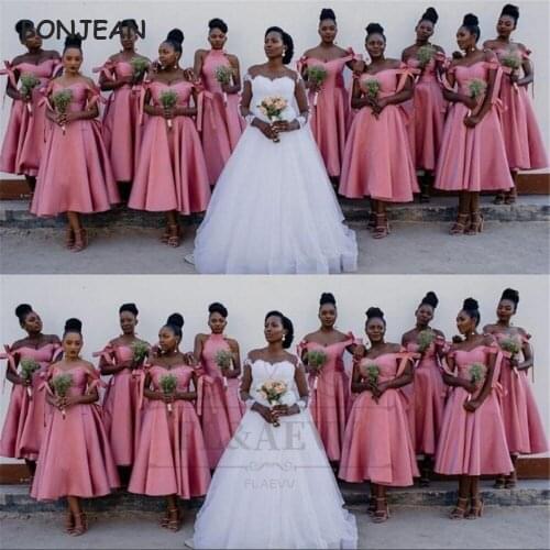 2021 A Line Bridesmaid Dresses Coral Off-the-Shoulder Tea-Length Lace Up Back South African Bridesmaid Dress